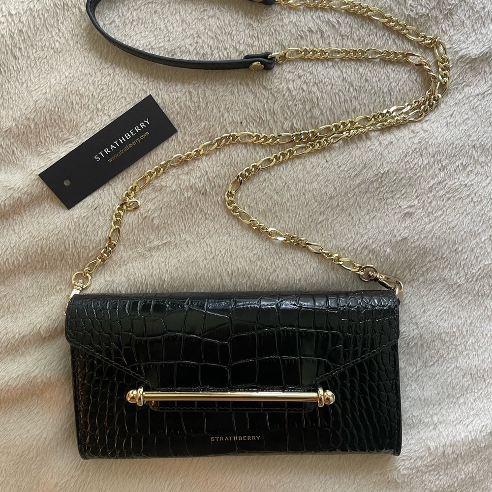 Strathberry Black Croc Embossed Leather Bag with Gold Chain - Picture 4 of 8